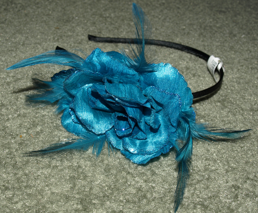 HEADBAND BLUE FEATHERS AND CLOTH FLOWER WITH BLACK BAND